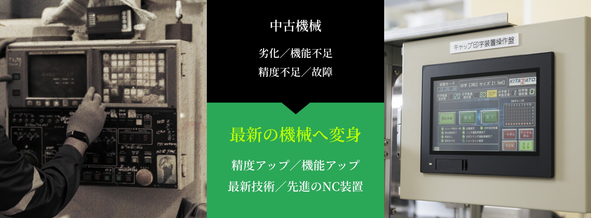 中古機械,劣化/機能不足,精度不足/故障,最新の機械へ変身,精度アップ/機能アップ,最新技術/先進のNC装置